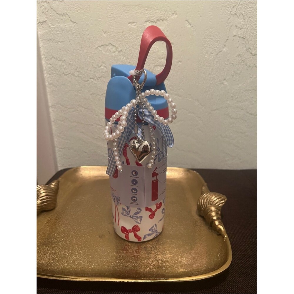 #2107**Heart Charm Water Bottle with Pearl Bow — Blue & Red